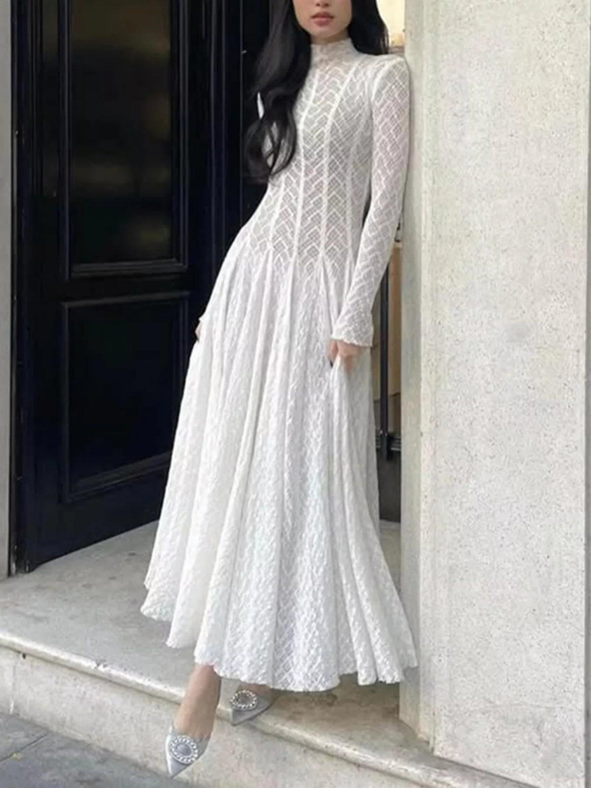 white lace mock neck long sleeve maxi dress side view