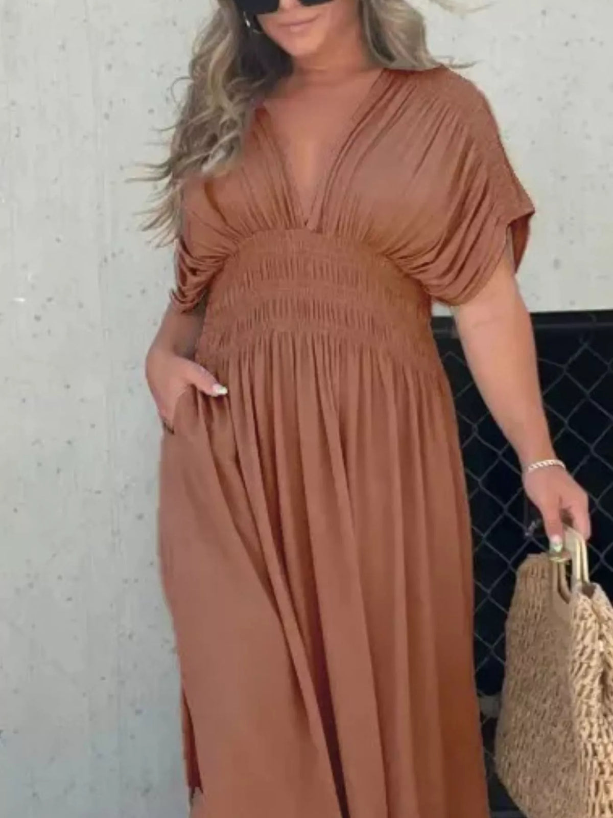 Slit V neck smocked waist maxi dress movement shot