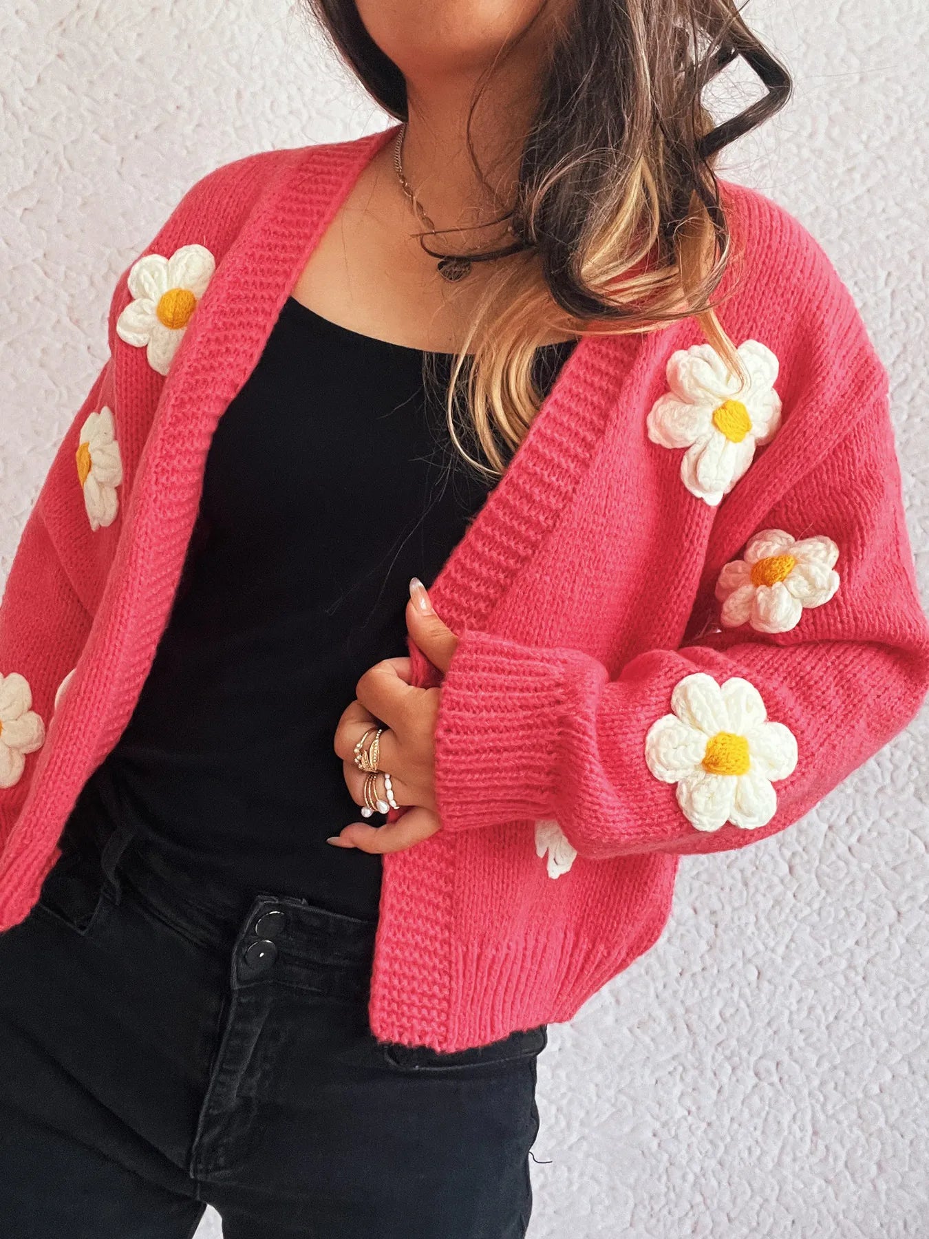 Flower Open Front Long Sleeve Cardigan - Fashorio