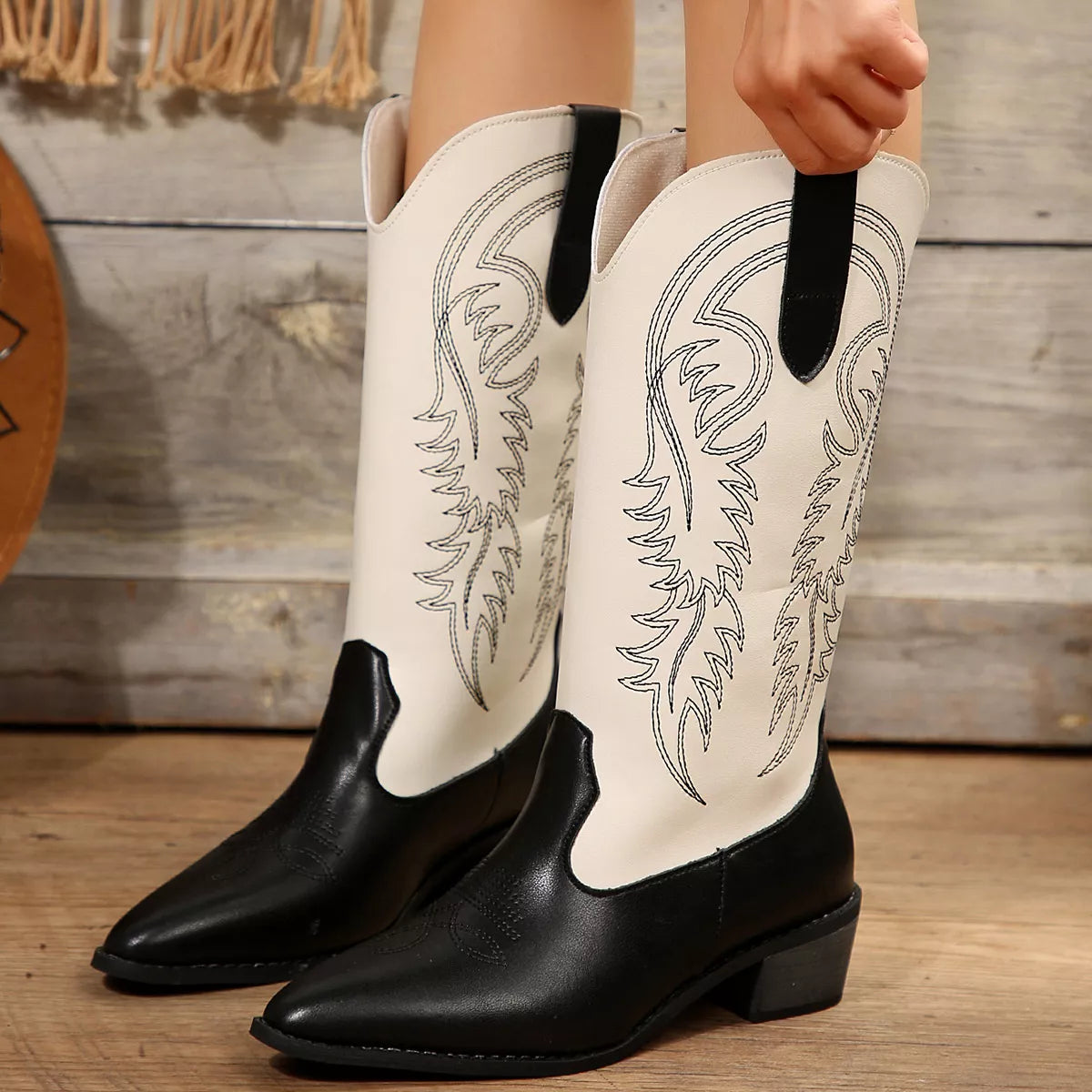 White block heel boots back view