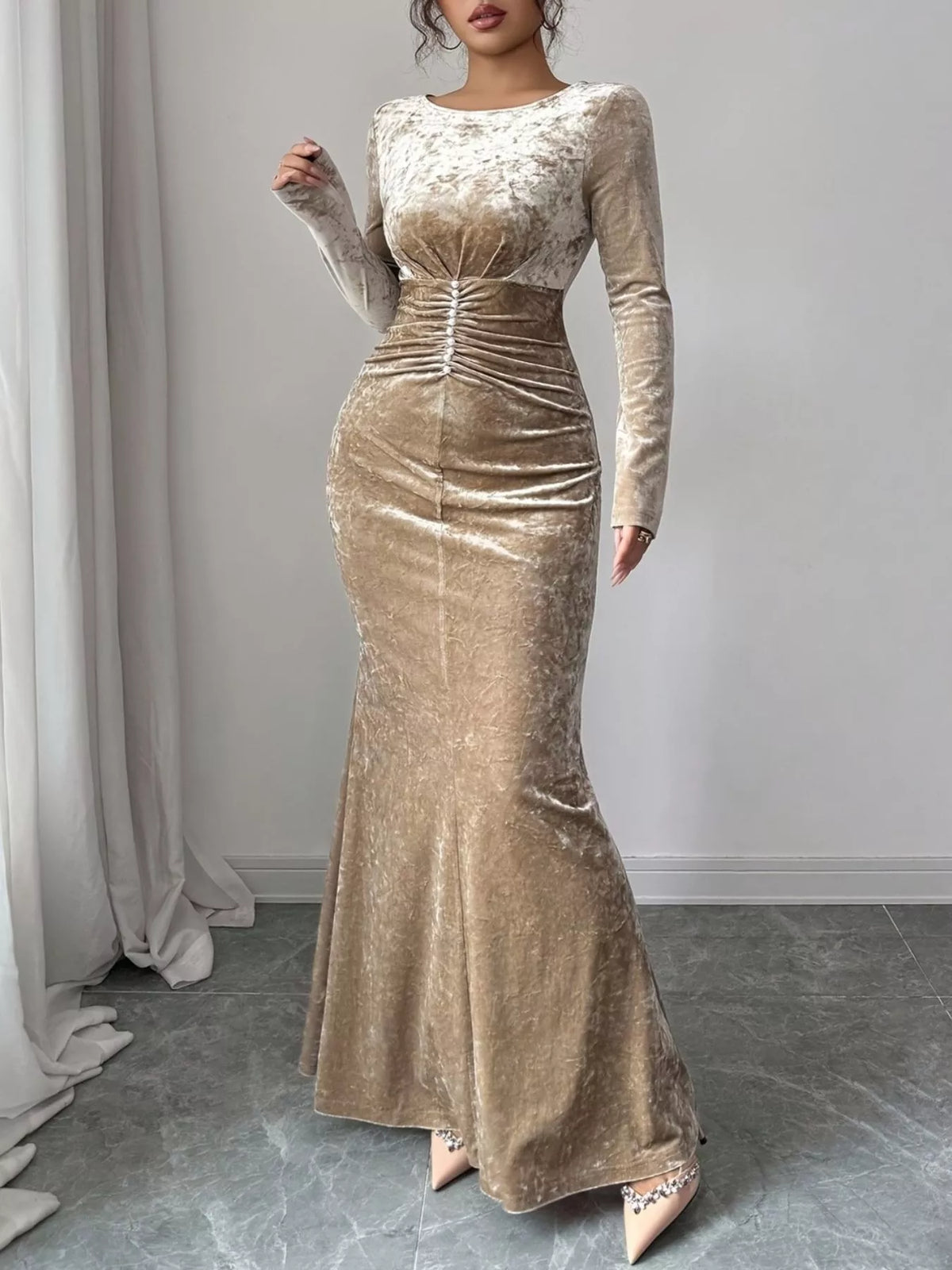 Velvet ruched bodycon maxi dress in khaki, back view