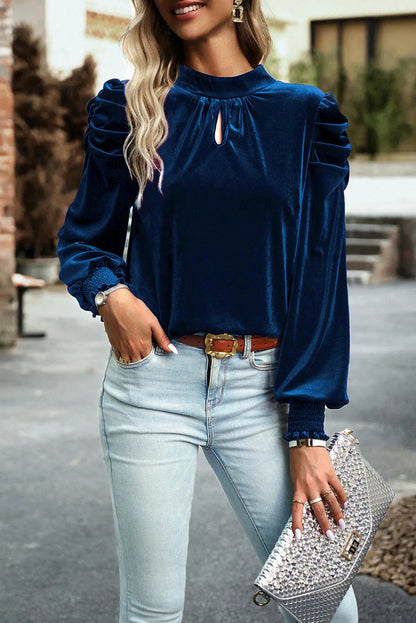 Tie Up Mock Neck Velvet Fabric Long Sleeve Blouse Navy - Fashorio