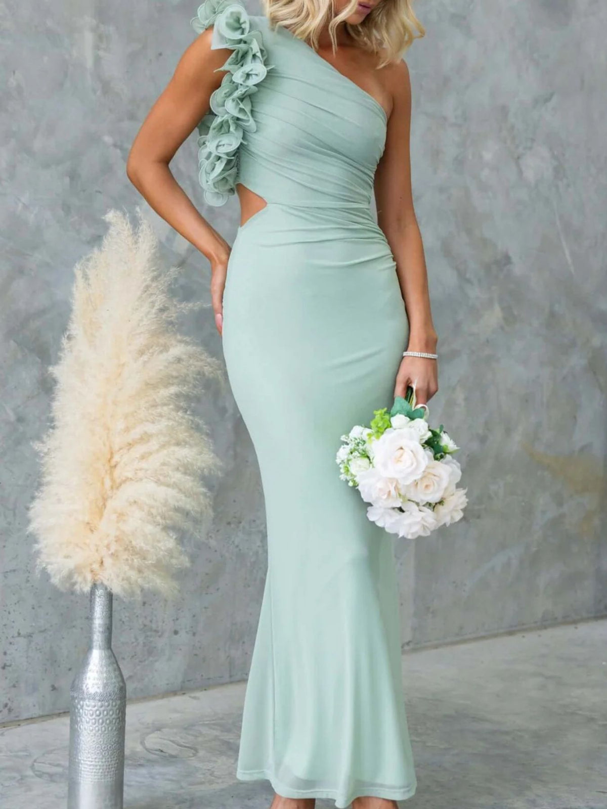 One shoulder floral trim sleeveless maxi dress front view
