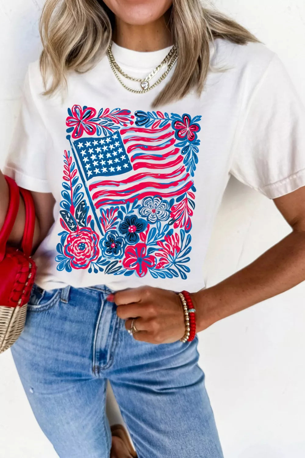White floral flag patriotic graphic tee front view