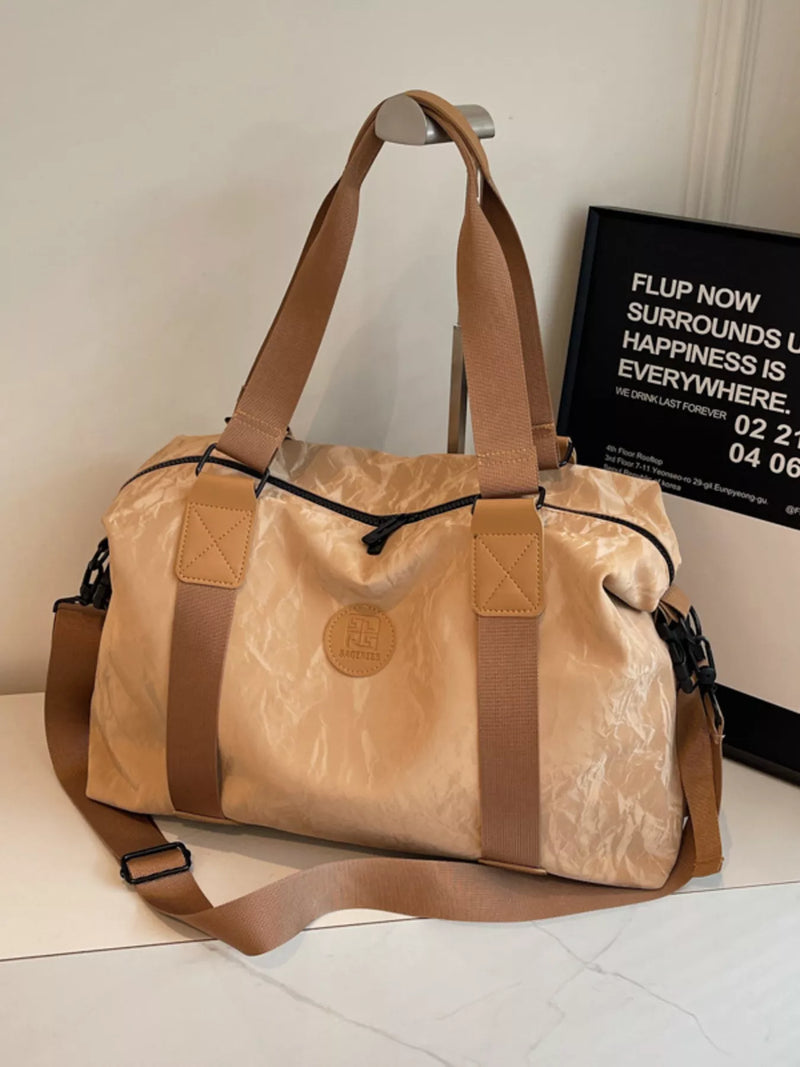 Tan lightweight Oxford cloth travel duffel front view