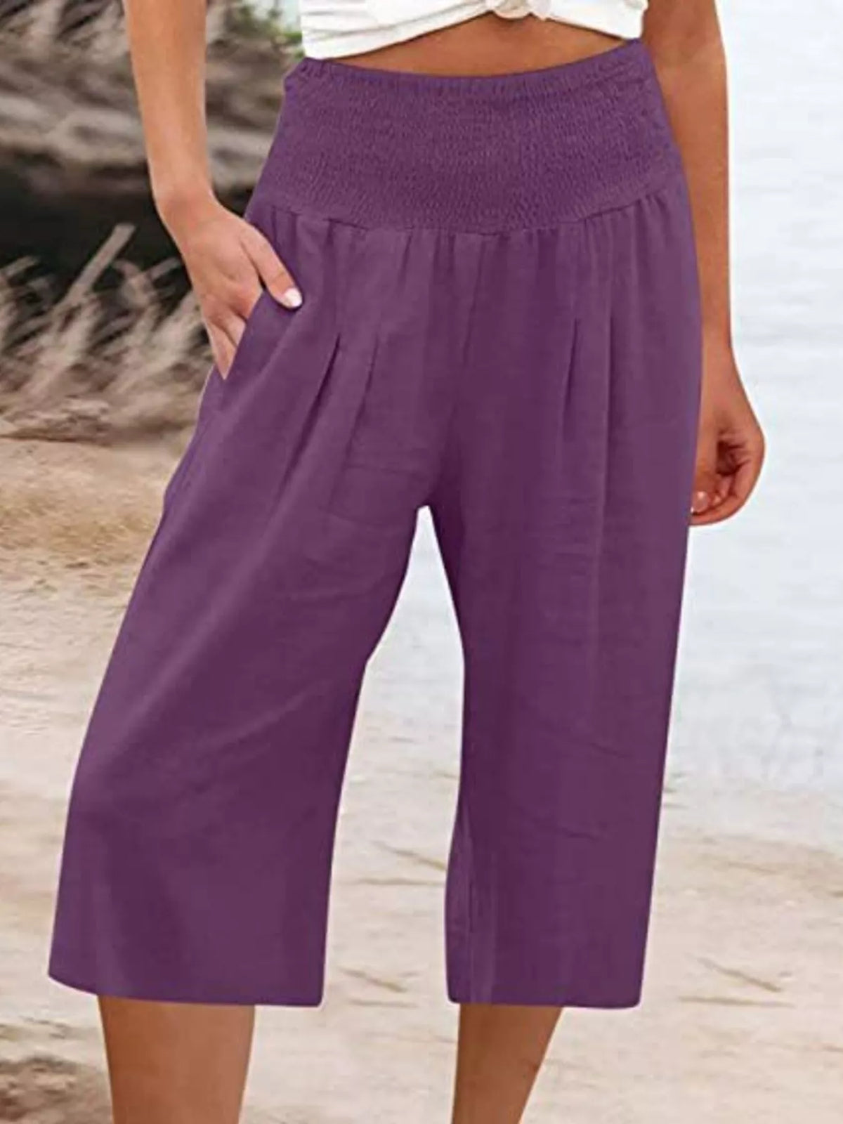 Smocked capri pants shown in green