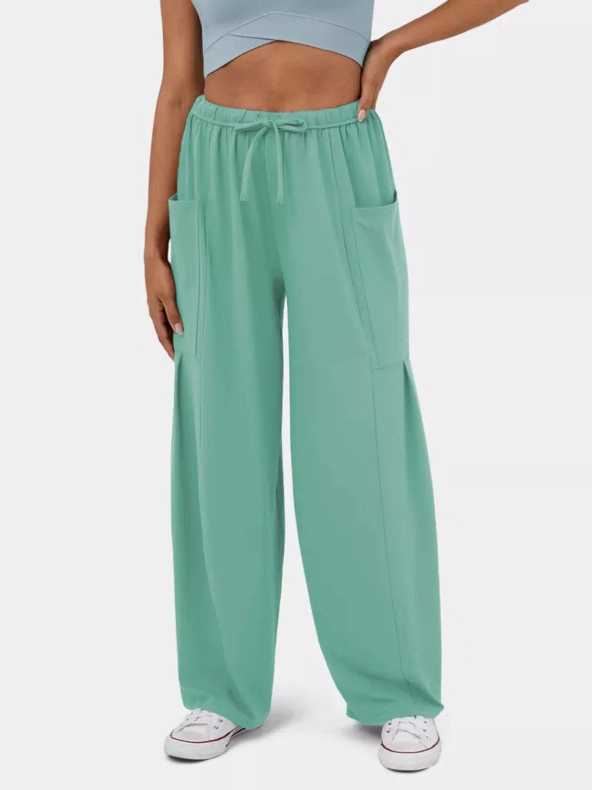 High waisted wide leg drawstring pants side view