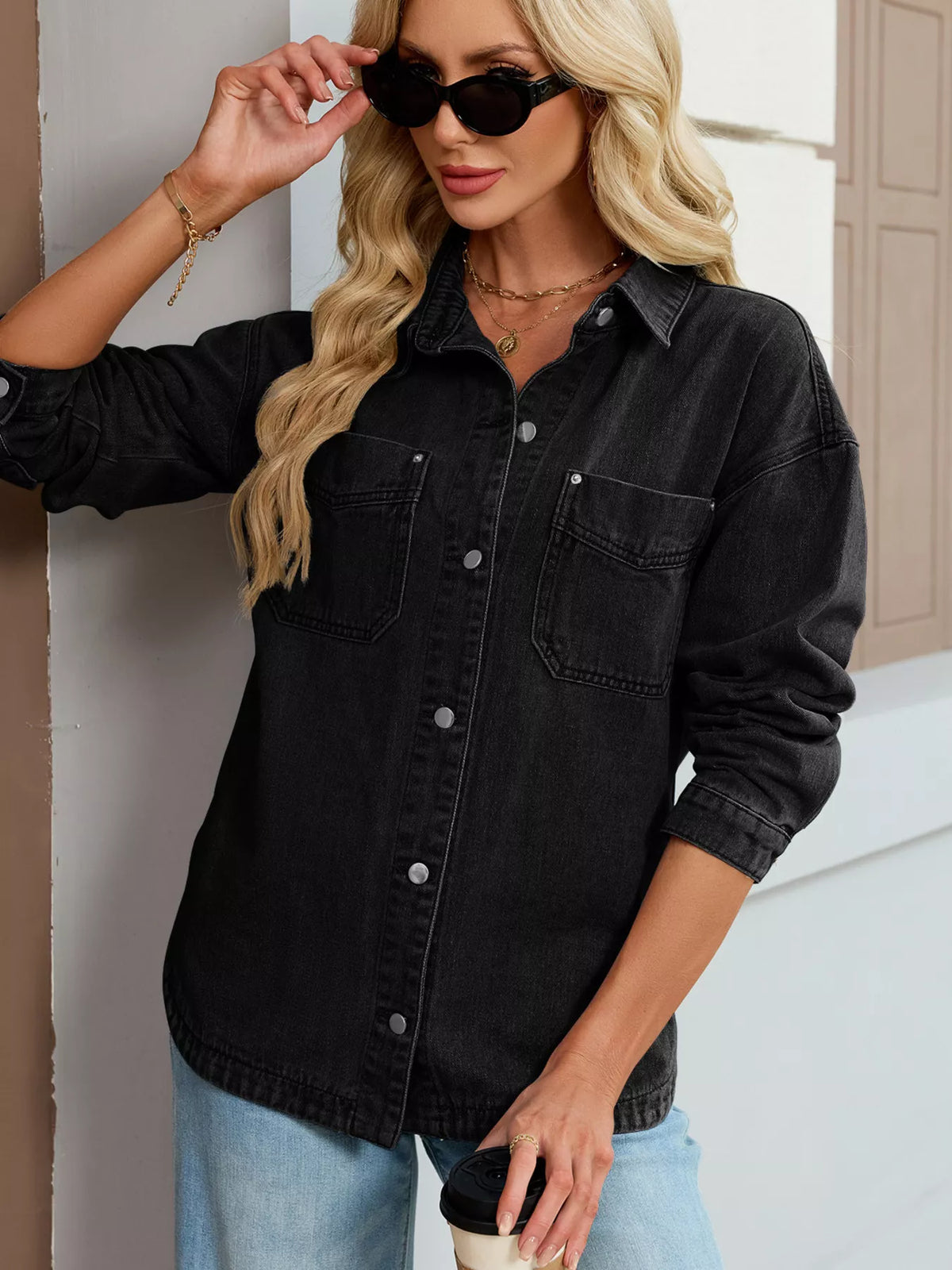 Drop Shoulder Button Up Denim Jacket in Black