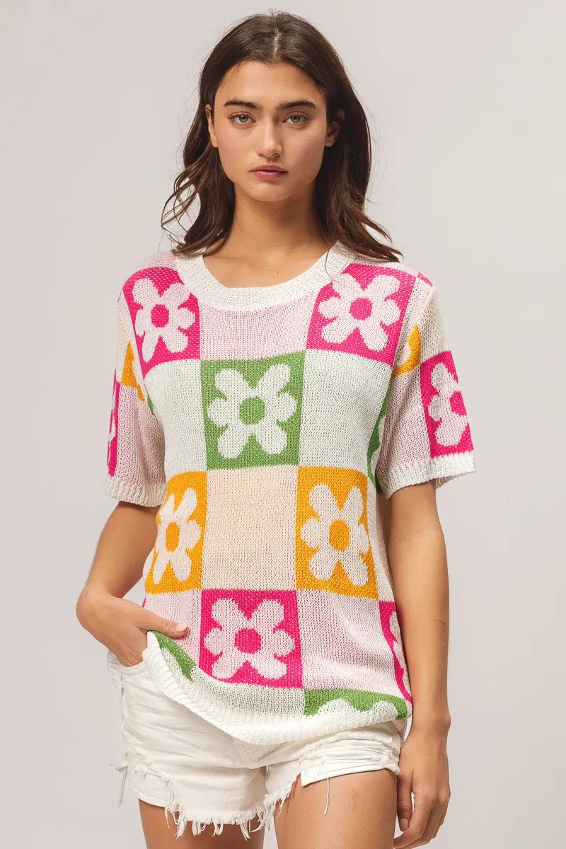 Floral Check Lightweight Sweater Top side view