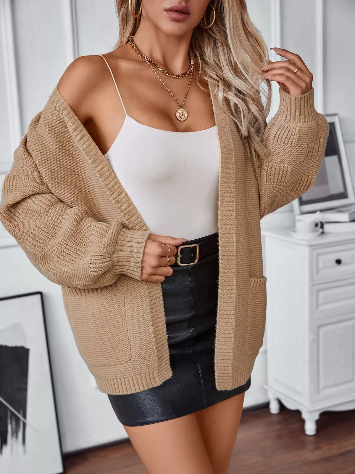 textured knit open front cardigan side view