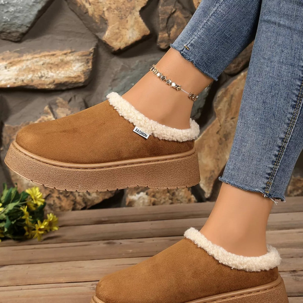 plush lined platform boots styled with denim