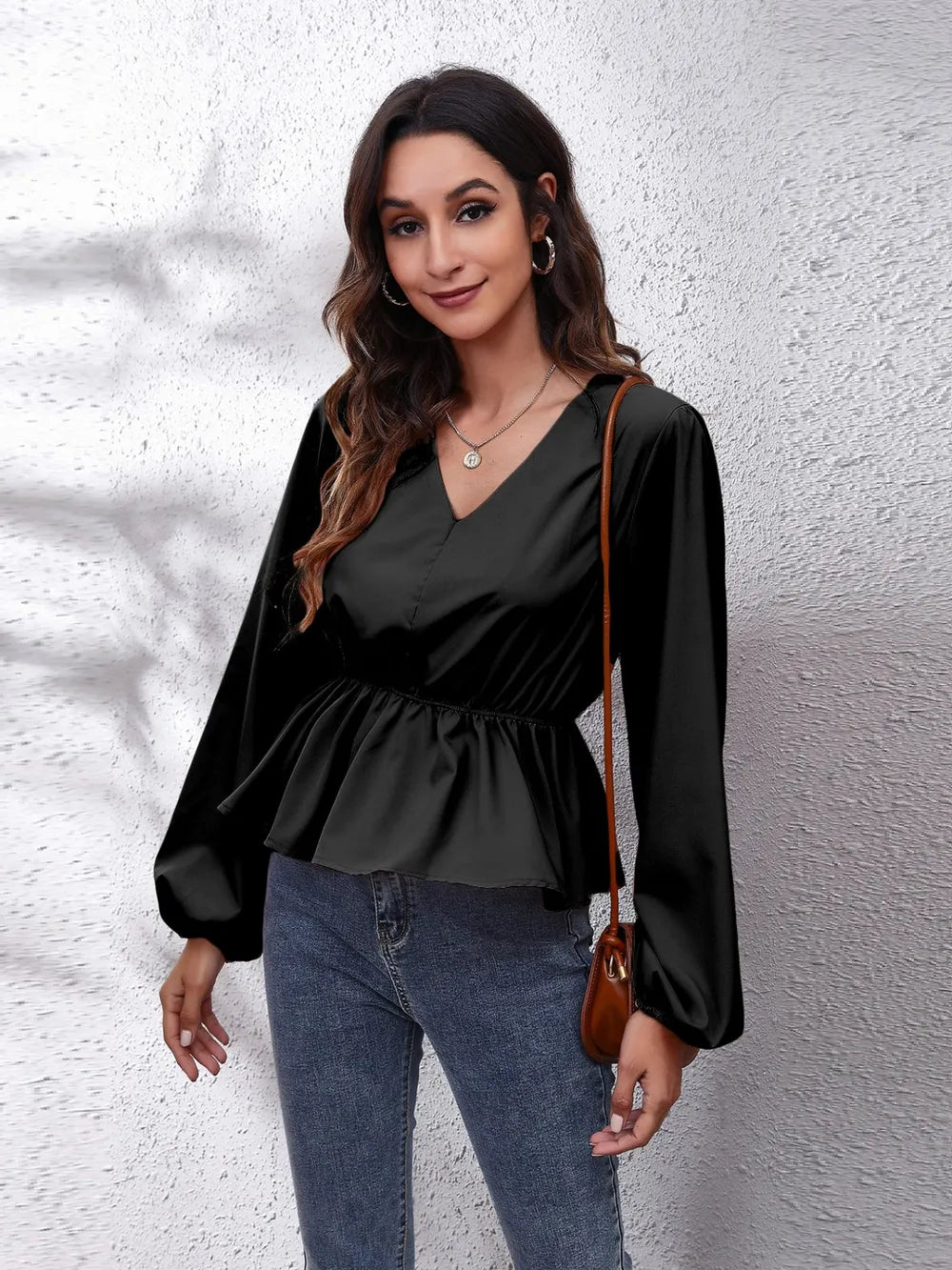 V-Neck Balloon Sleeve Peplum Blouse Black - Fashorio