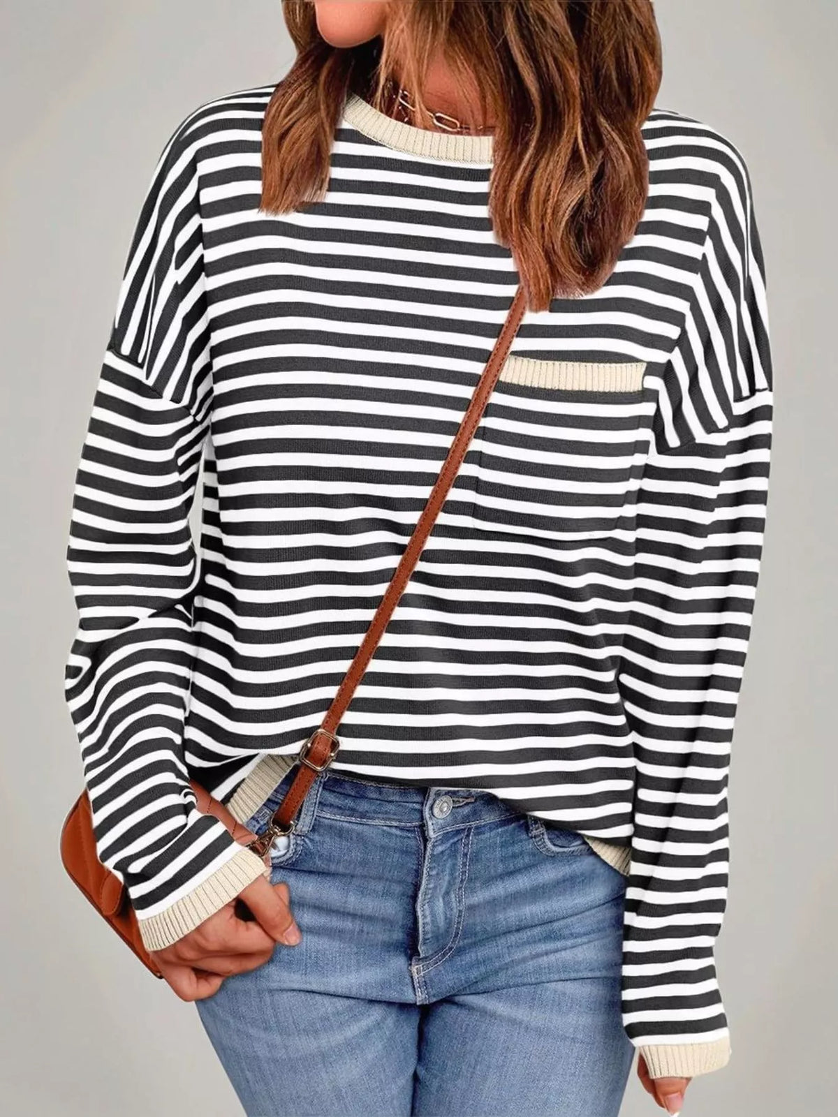 Striped round neck knit top front view