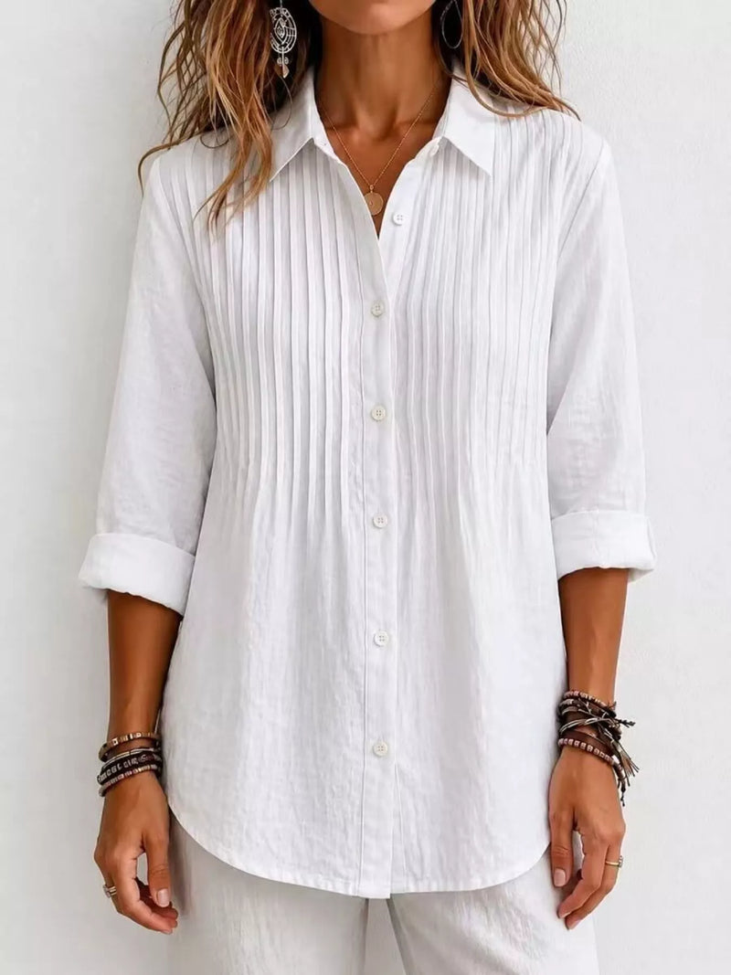 Men's button up long sleeve shirt front view on model