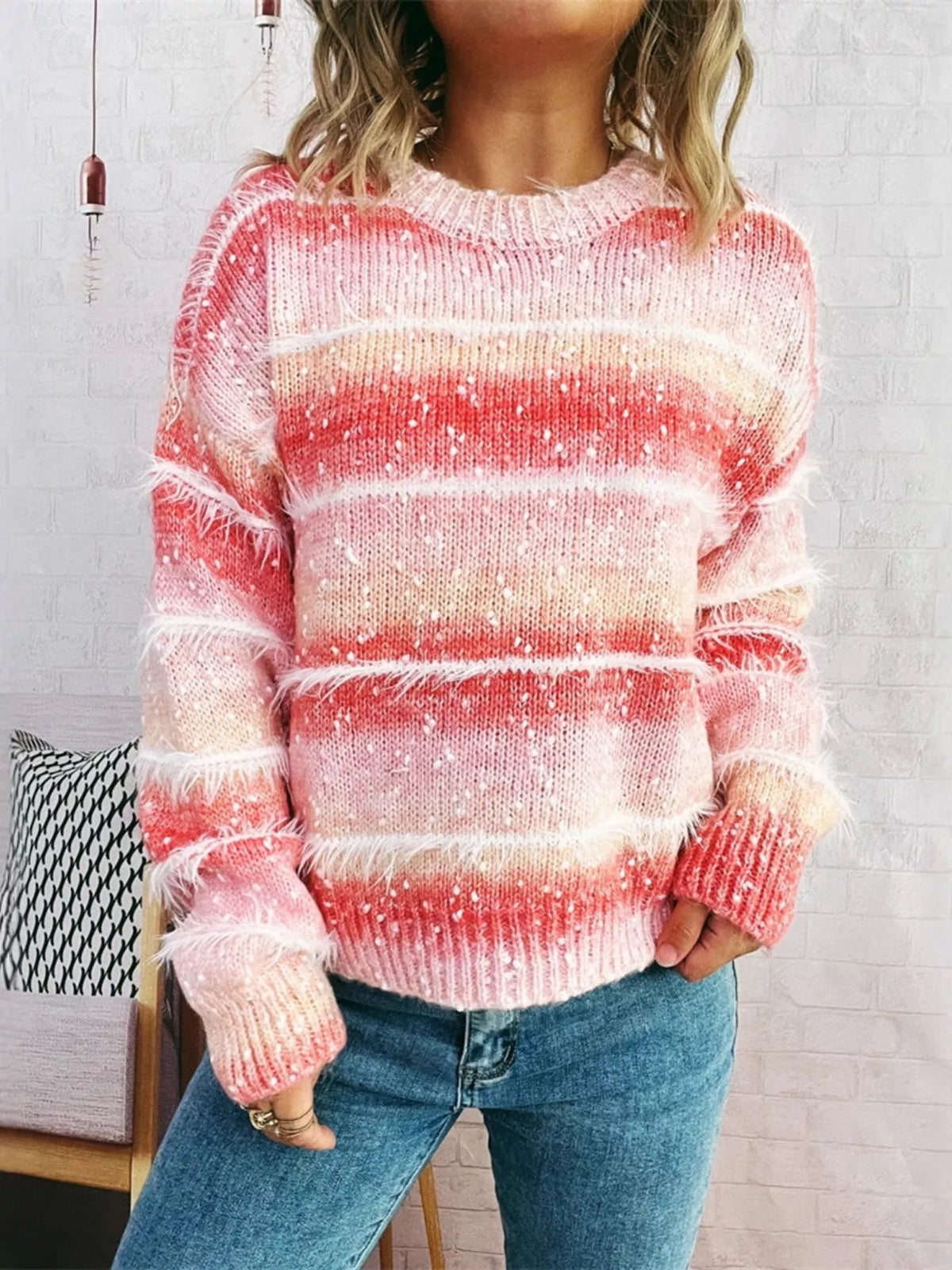 gradient striped round neck sweater folded flat