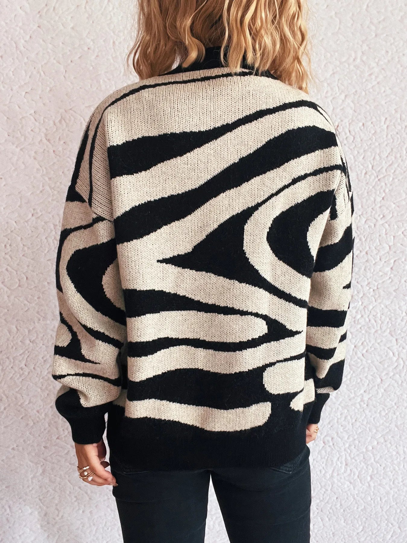 Zebra Print Round Neck Sweater - Fashorio