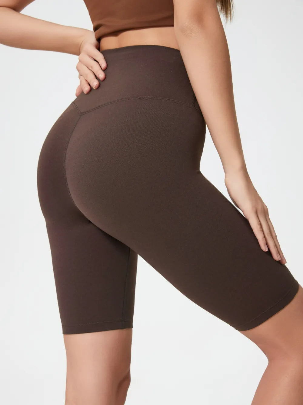 high rise wide waistband active shorts close up detail