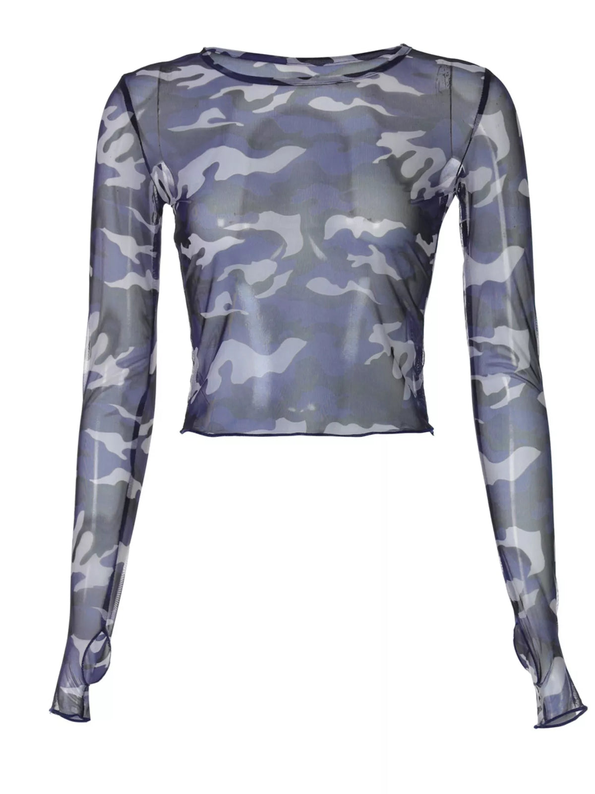 Camo mesh long sleeve tee shown on a model standing