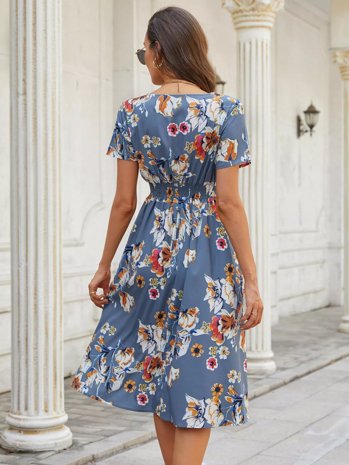 Printed short sleeve smocked midi dress back view