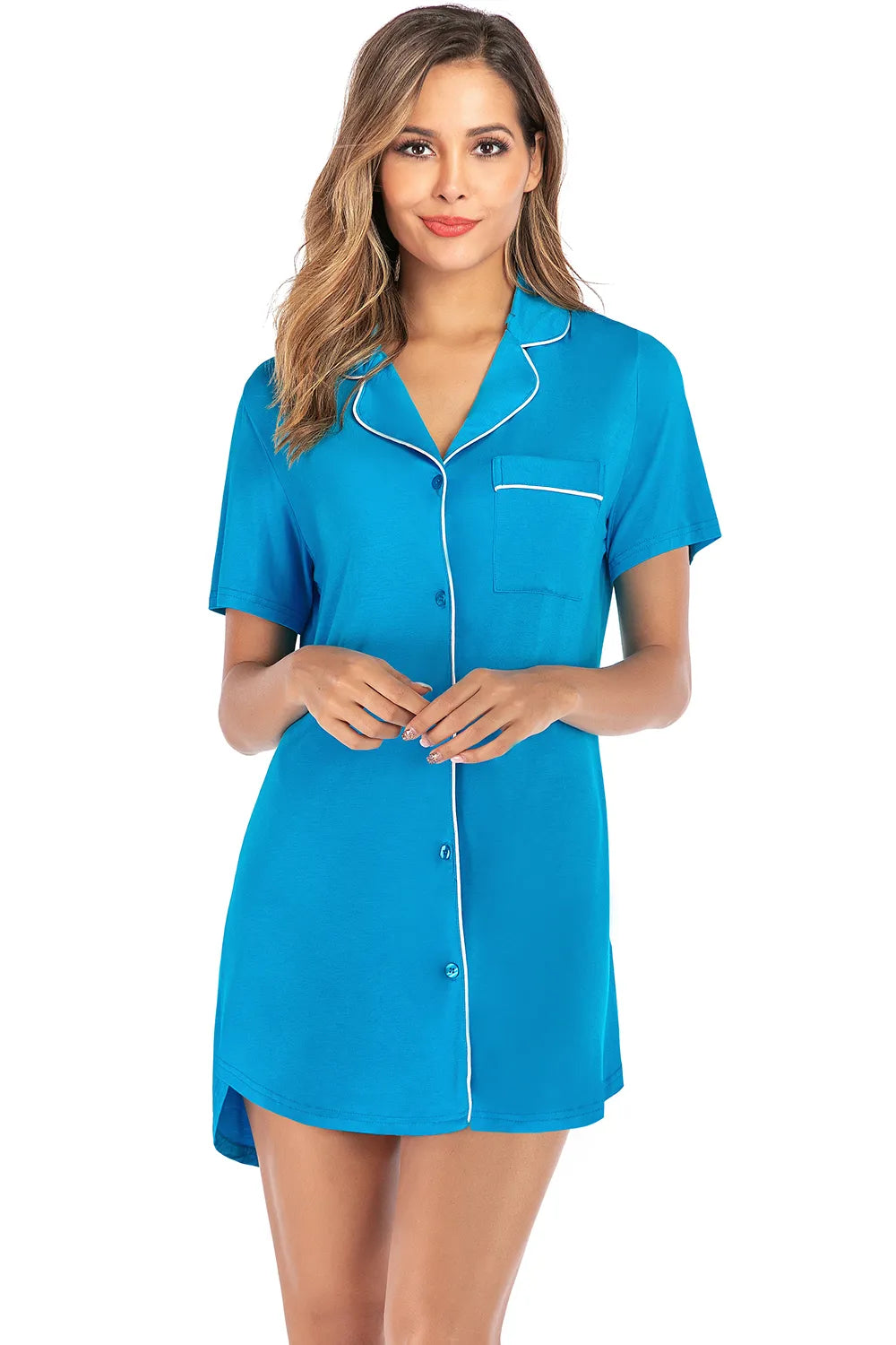Contrast Piping Pocketed Short Sleeve Lounge Dress - Fashorio