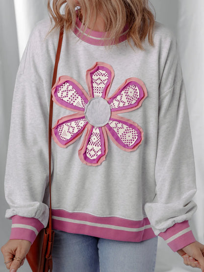 Flower Patch Contrast Trim Crew Neck Sweatshirt - Fashorio