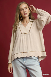 Umgee Full Size Linen Scallop Hem Blouse with Contrast Trim Plus Size OATMEAL - Fashorio