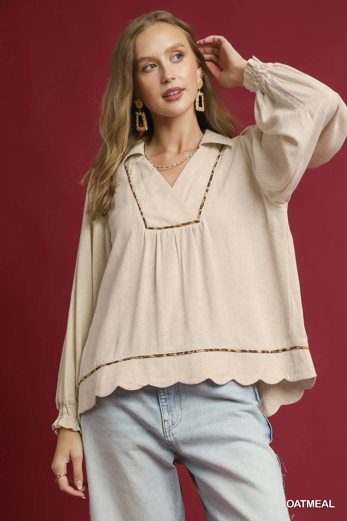 Umgee Full Size Linen Scallop Hem Blouse with Contrast Trim Plus Size OATMEAL - Fashorio