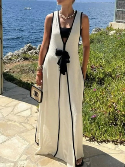 Contrast Trim Sleeveless Maxi Knit Dress - Fashorio