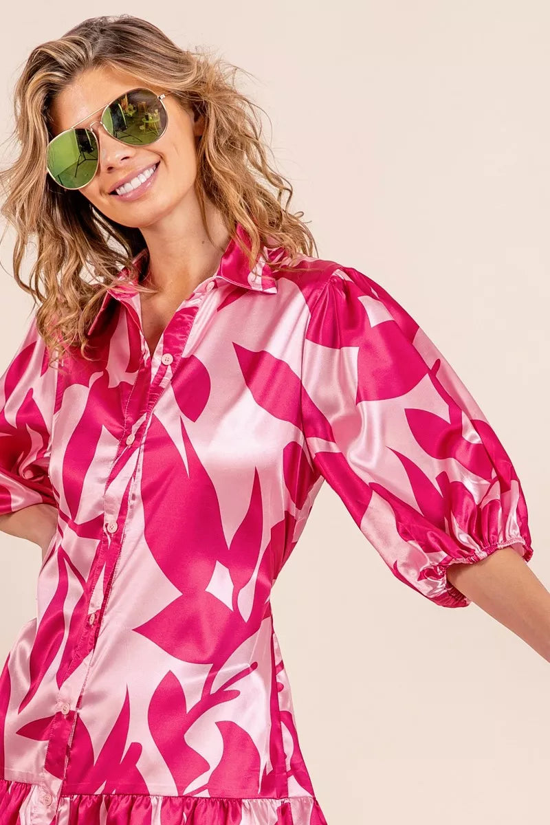 Leaf Pattern Collared Satin Dress styled look