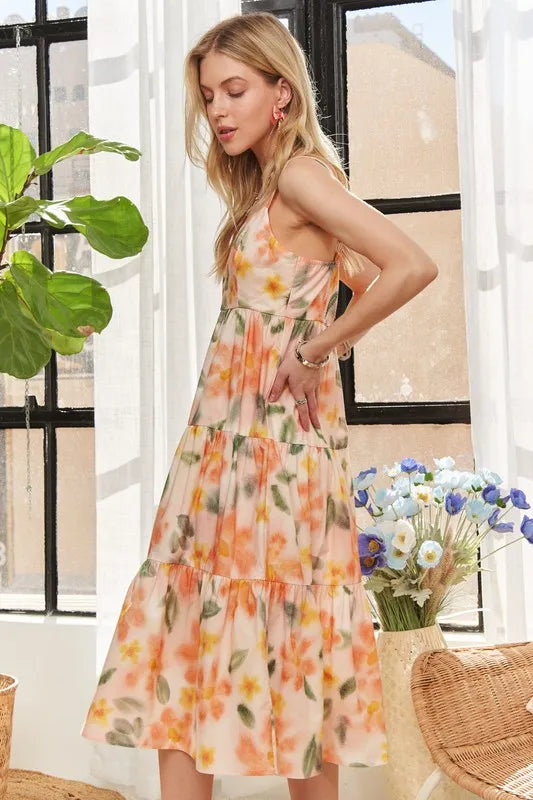Smocked floral midi dress close up