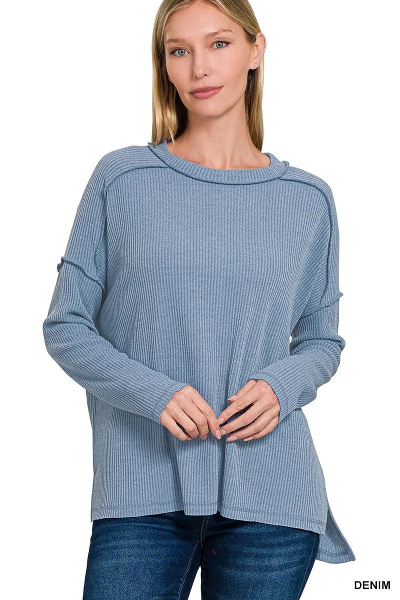 Ribbed Drop Shoulder Round Neck Sweater in Denim Blue