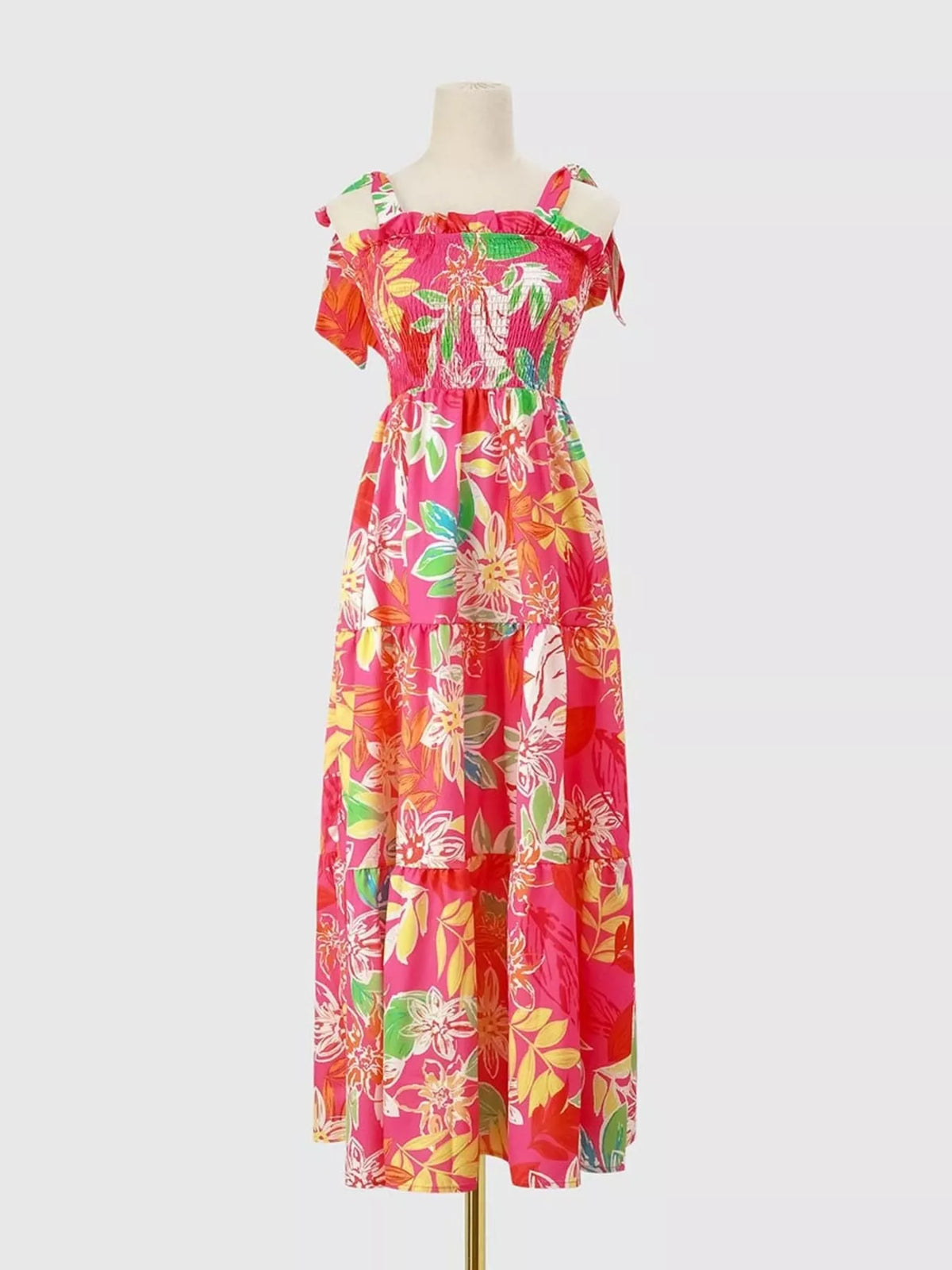 Tropical print smocked tie strap dress detail view