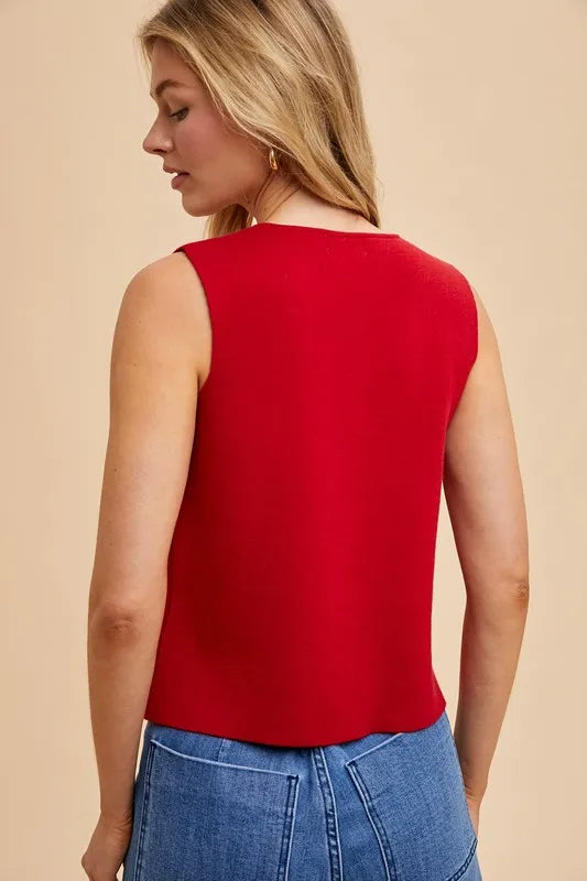 Metal Button Cropped Sweater Vest in Red back view