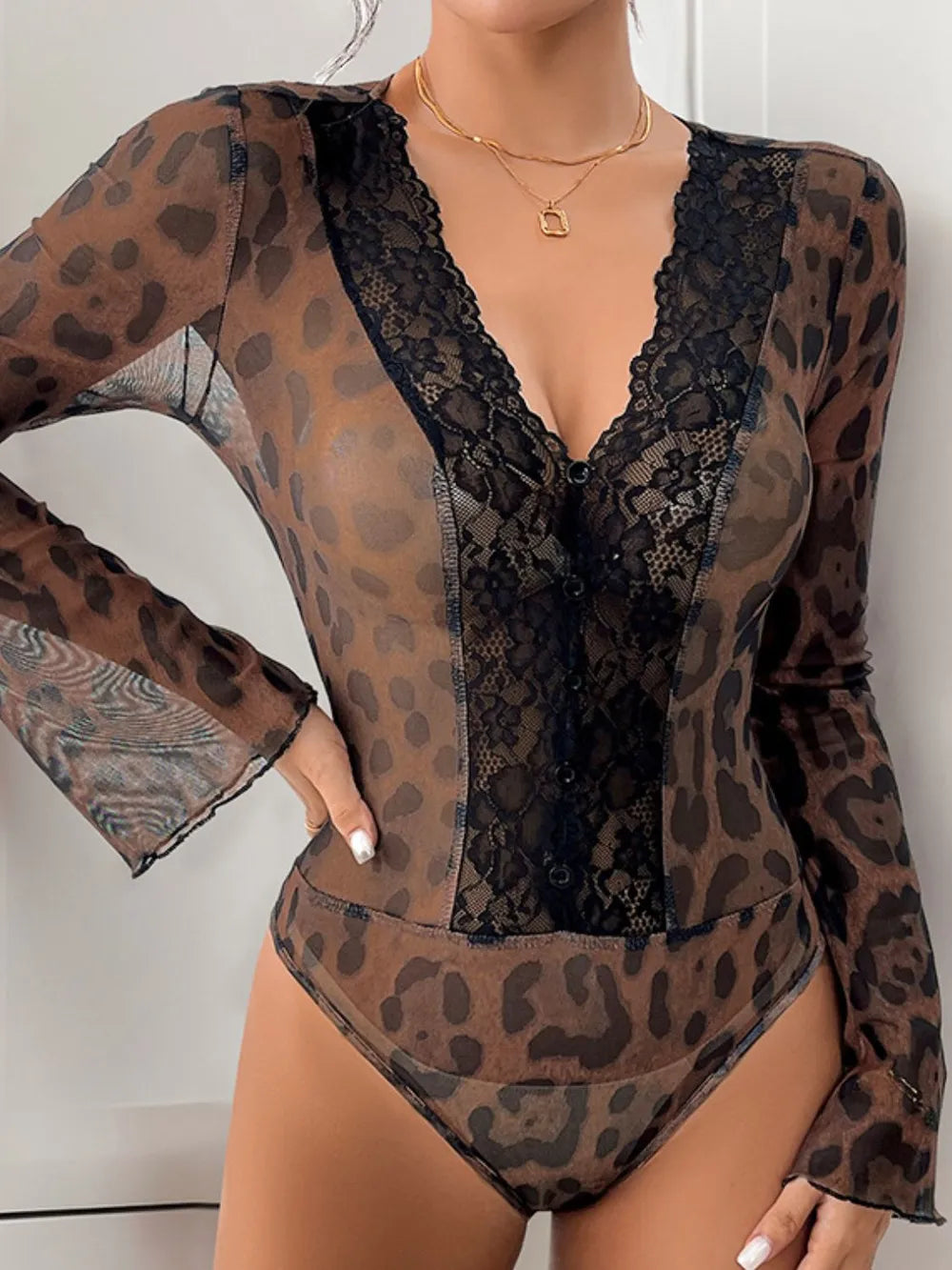 Perfee Leopard V-Neck Lace Bodysuit - Fashorio