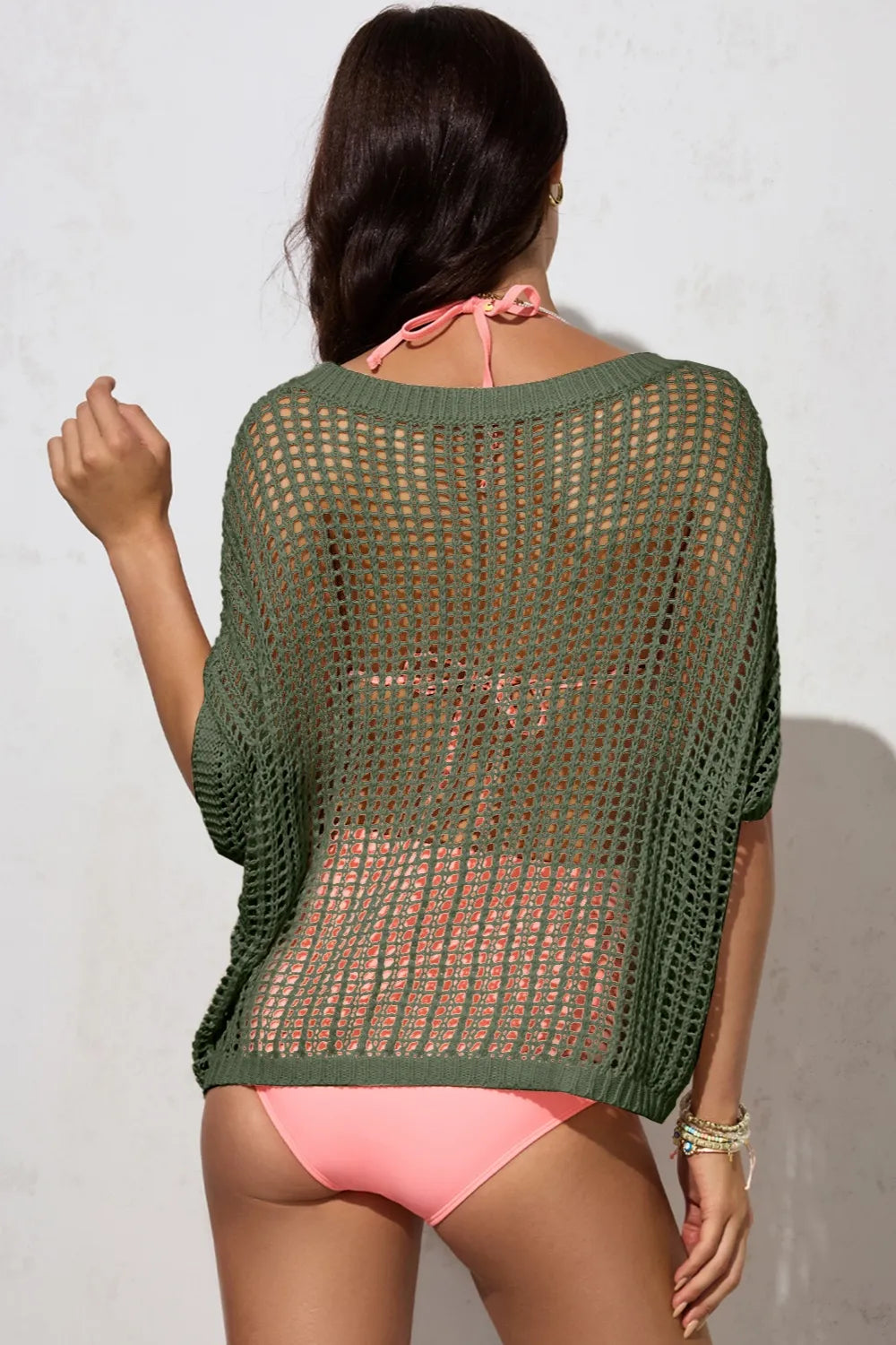 Openwork Round Neck Half Sleeve Knit Kimono Cover Up, view 12