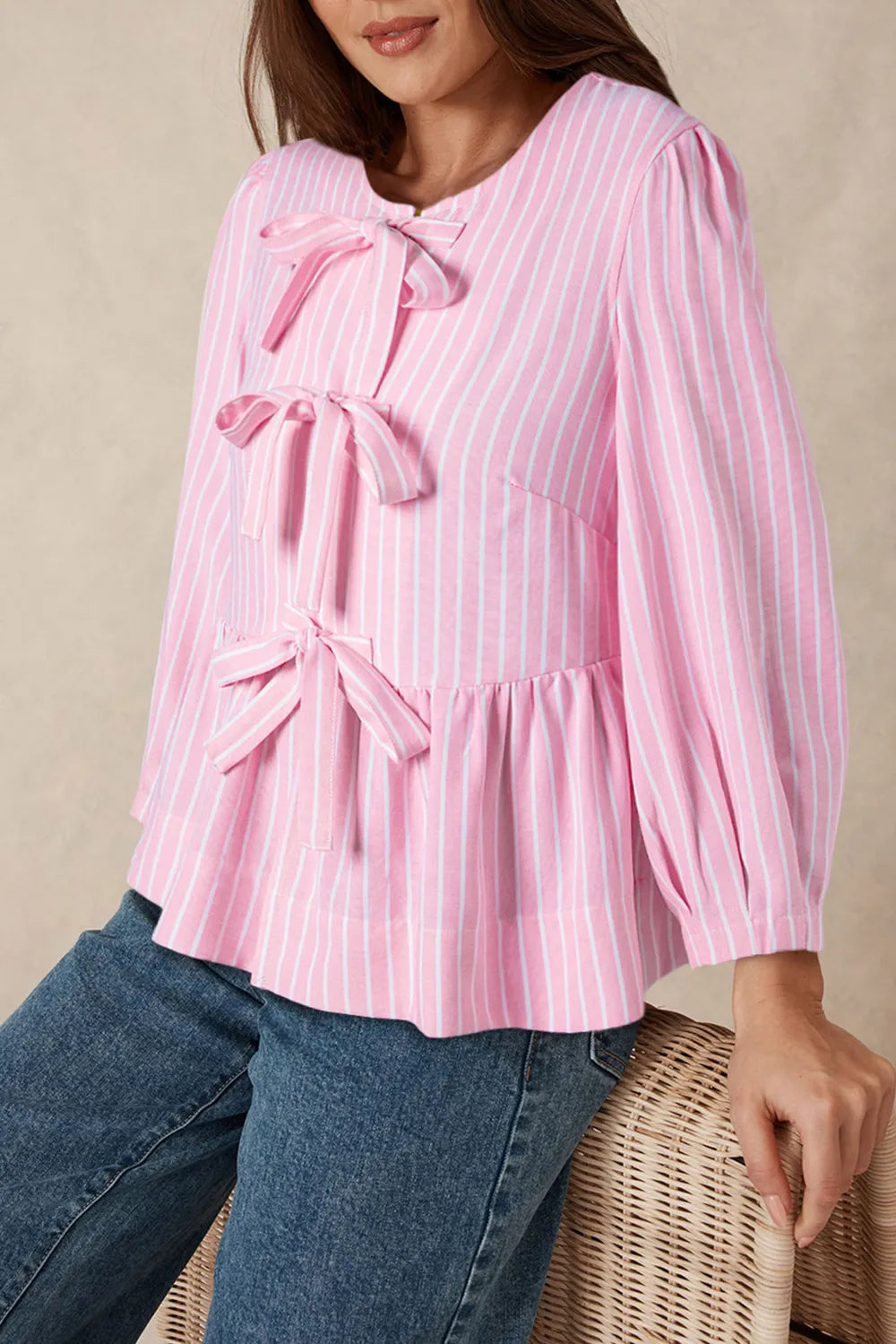 Striped tie bow round neck blouse front view