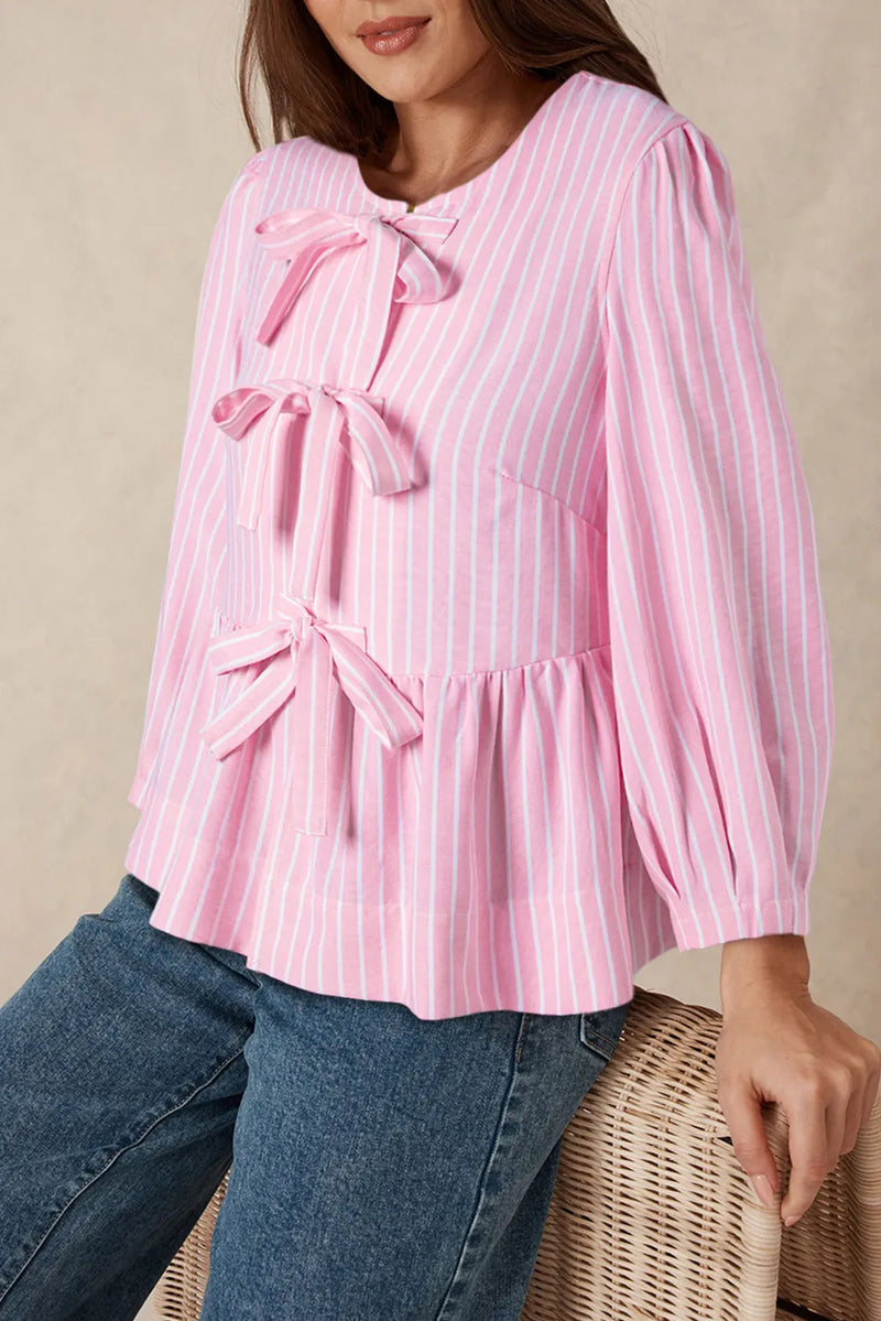 Striped tie bow round neck blouse front view