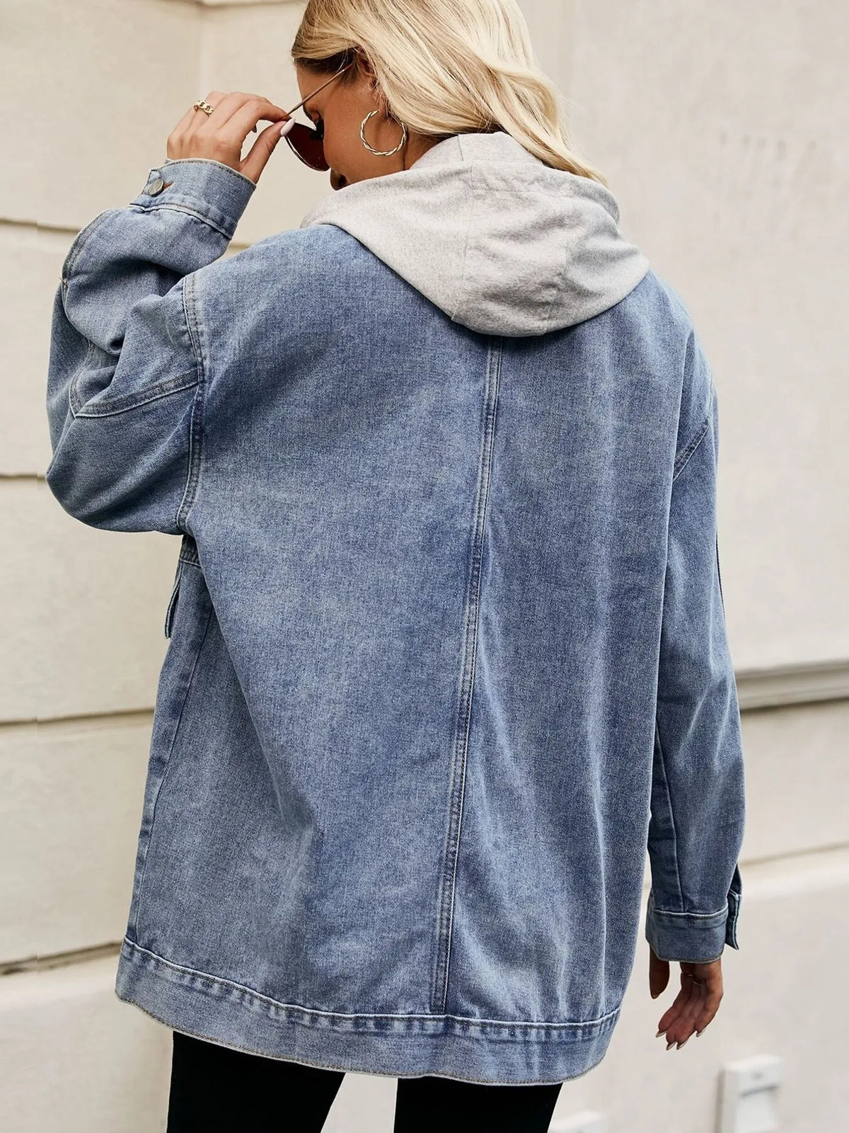 Oversized Hooded Denim Jacket in Light Blue view 9