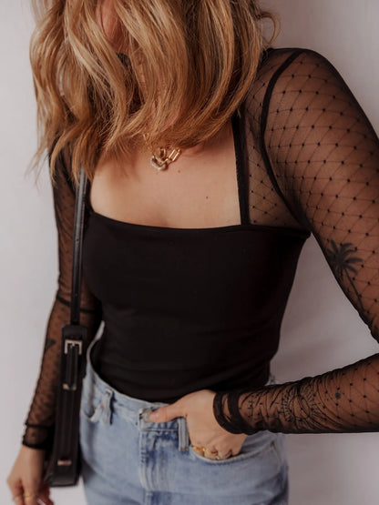 Mesh Sleeve Square Neck Bodysuit - Fashorio