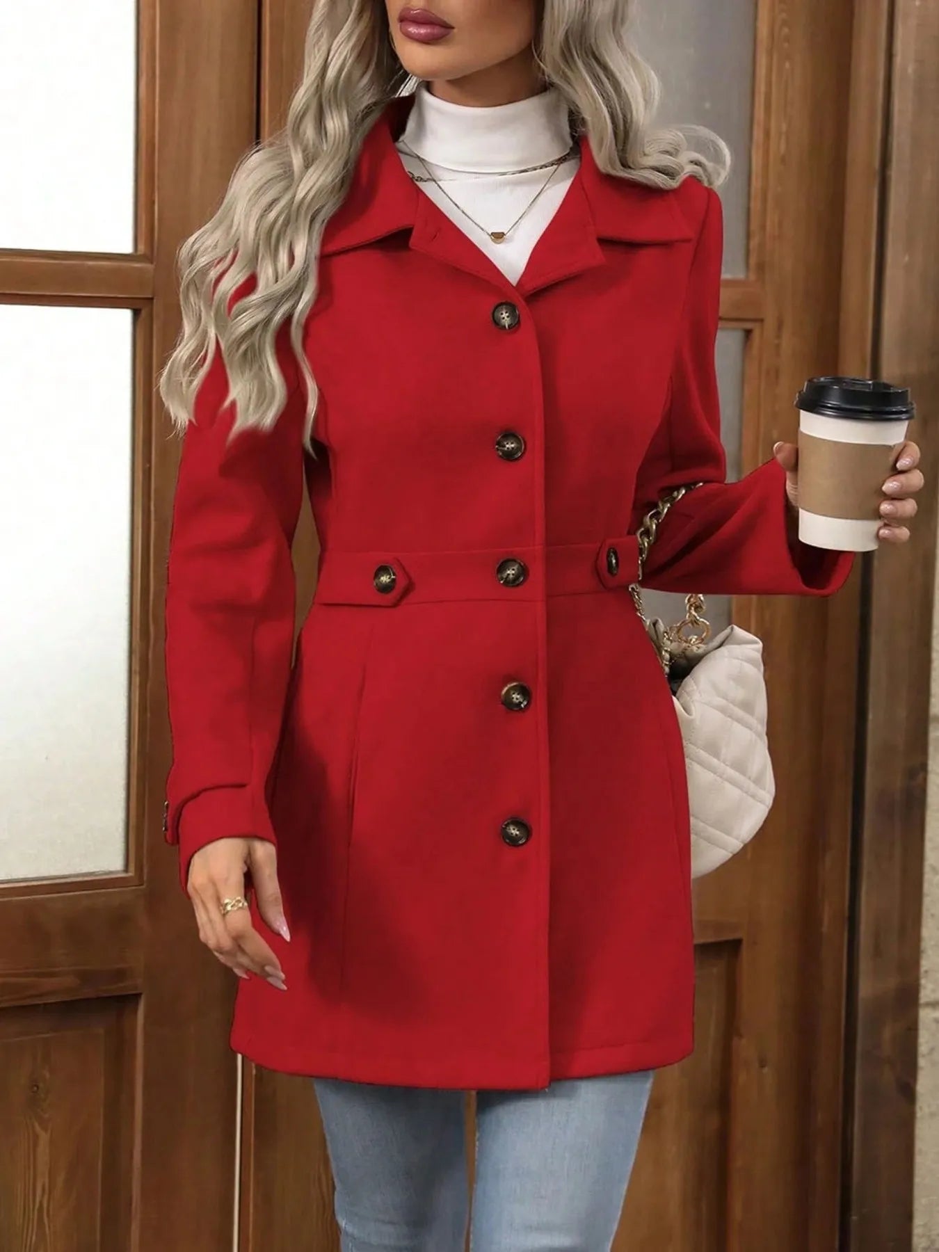 Button Up Long Sleeve Coat Red - Fashorio