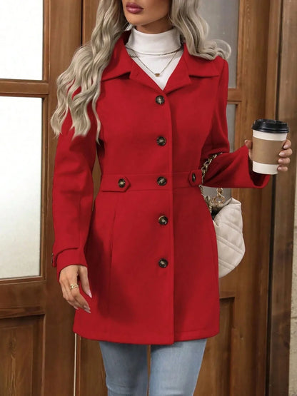 Button Up Long Sleeve Coat Red - Fashorio