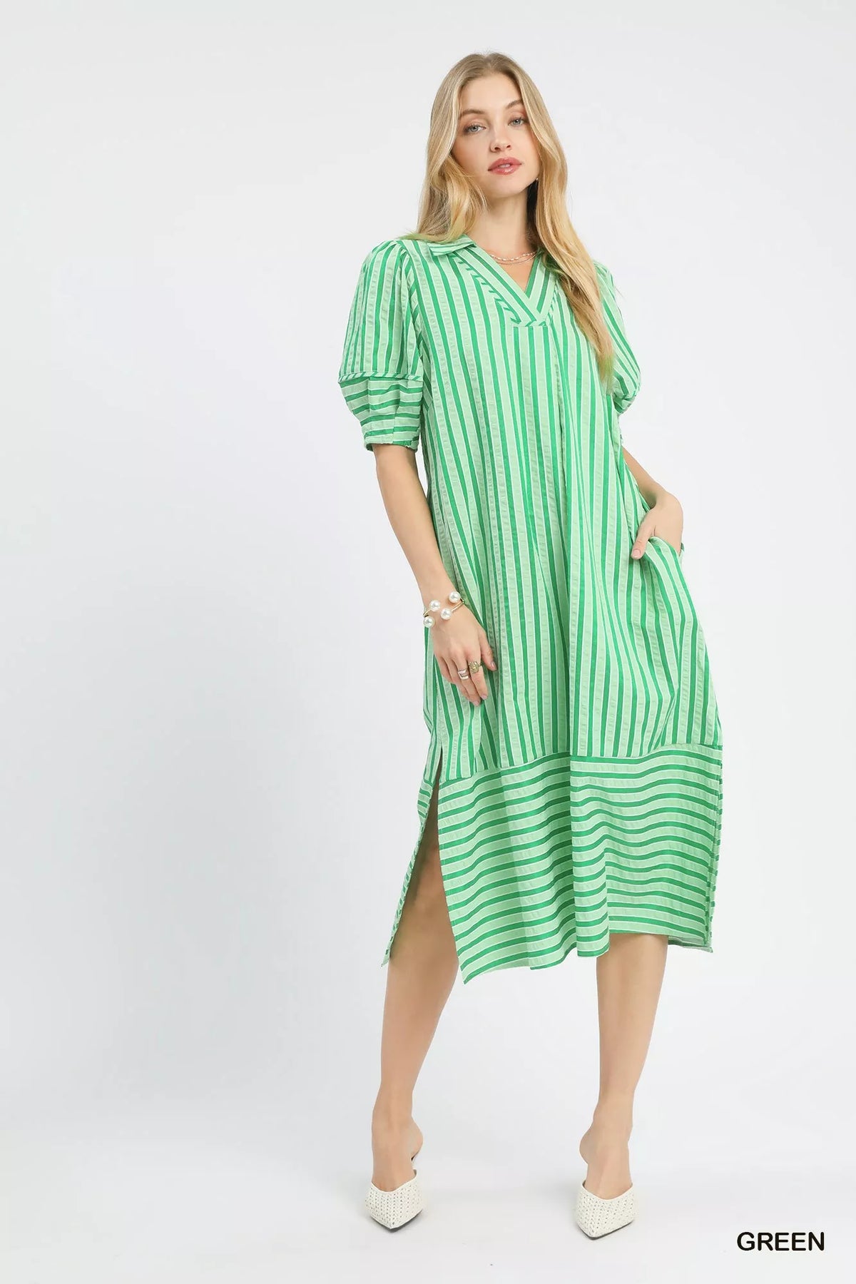 Striped Puff Sleeve Midi Dress styled look