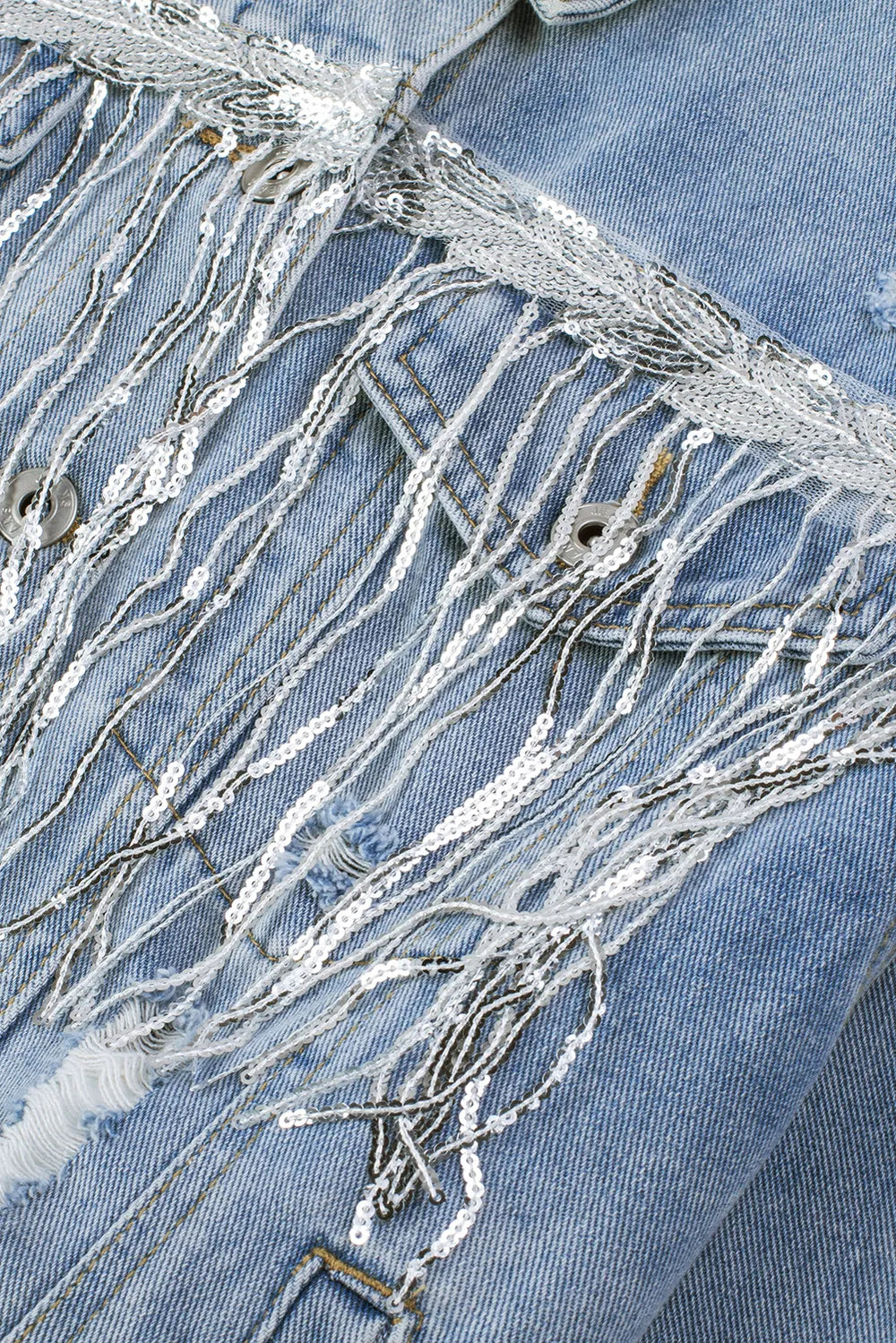 Sequin Fringe Distressed Denim Jacket in Medium Wash view 12
