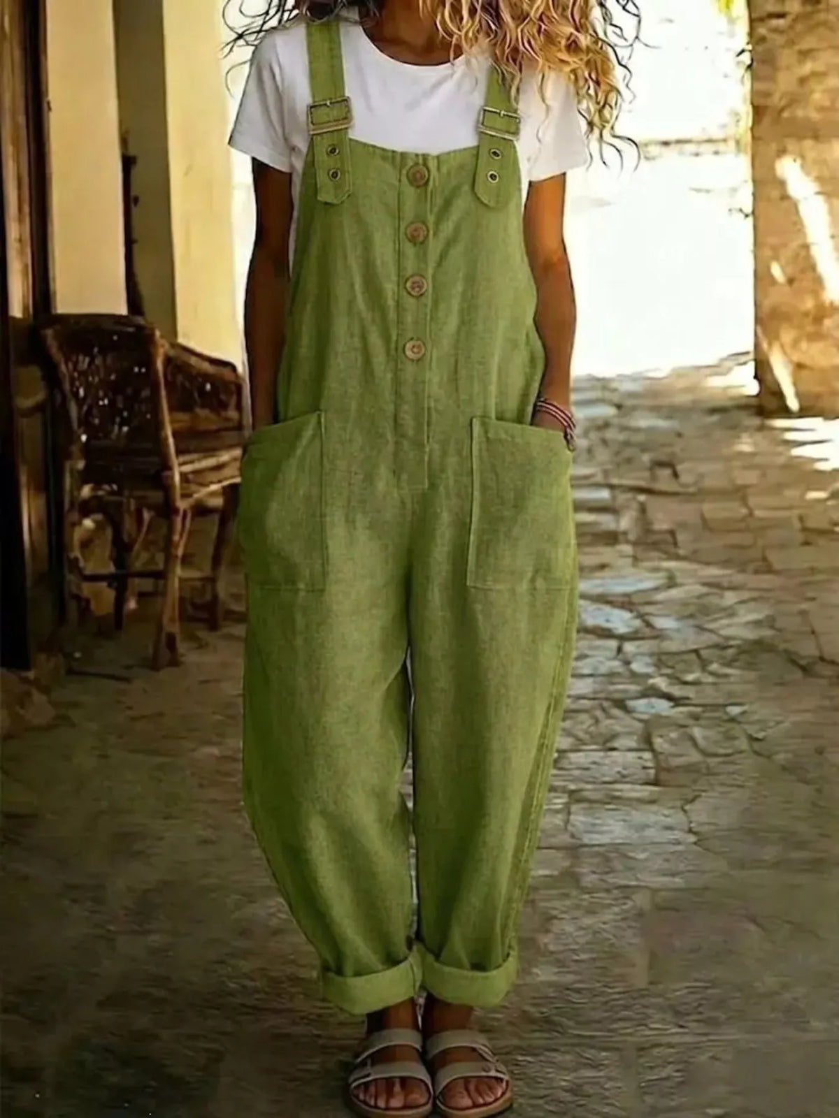 Button front wide leg overalls styled view