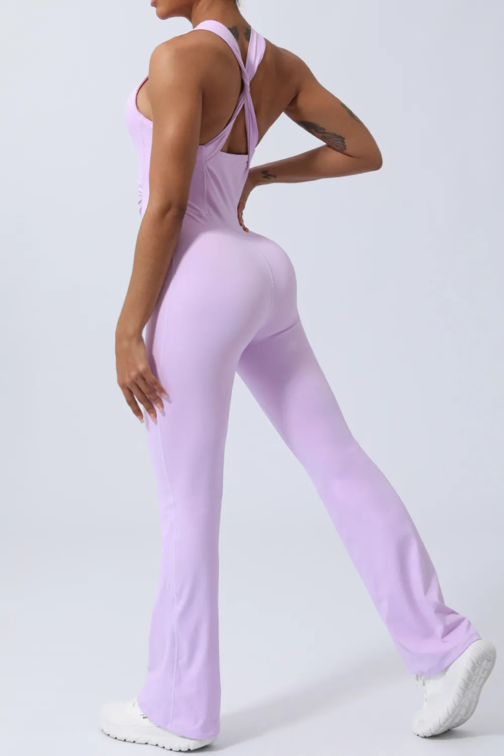 Crisscross wide strap sleeveless jumpsuit cropped detail
