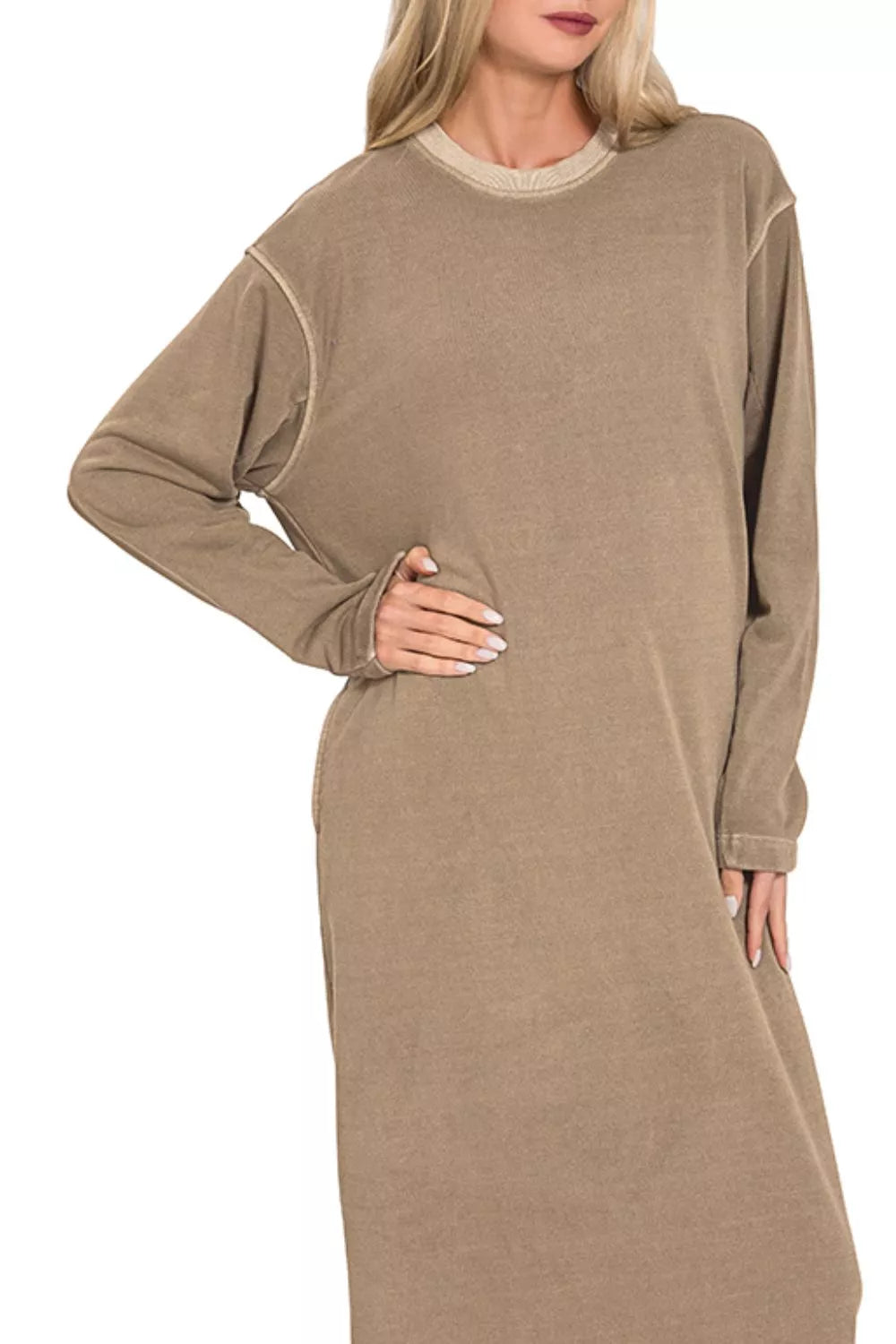 Soft Fleece Sweatshirt Dress in Mocha back view
