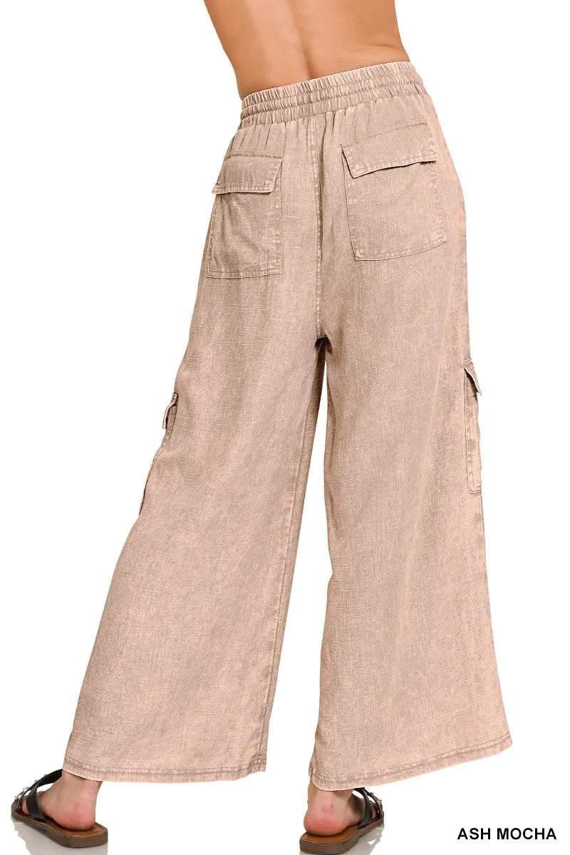 Zenana Washed Linen Elastic Band Waist Cargo Pants - Fashorio