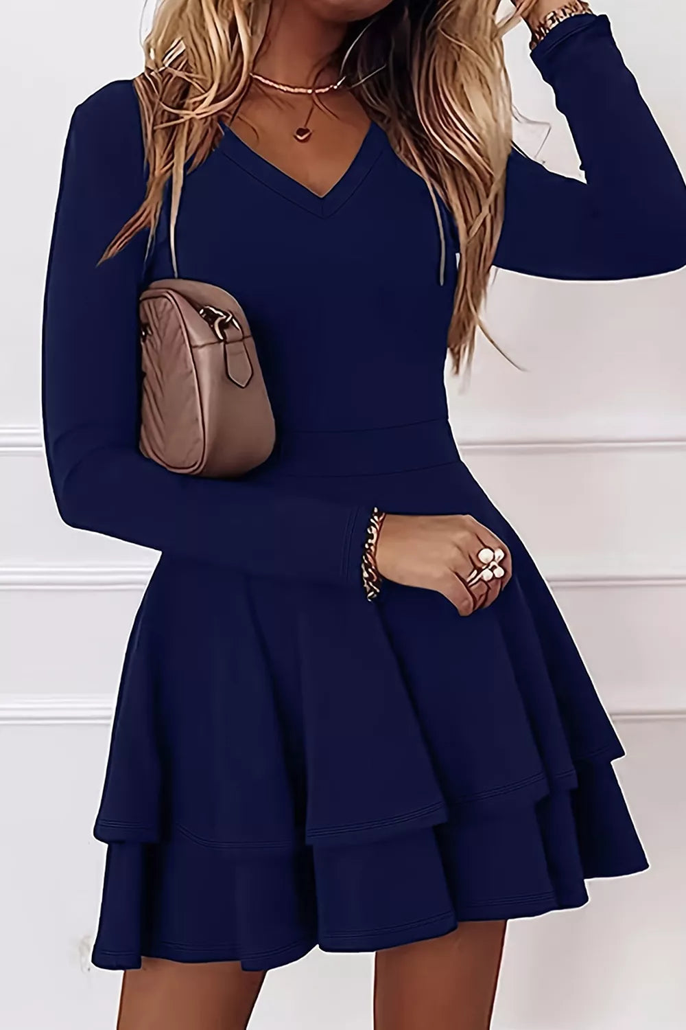 Black layered v neck mini dress front view