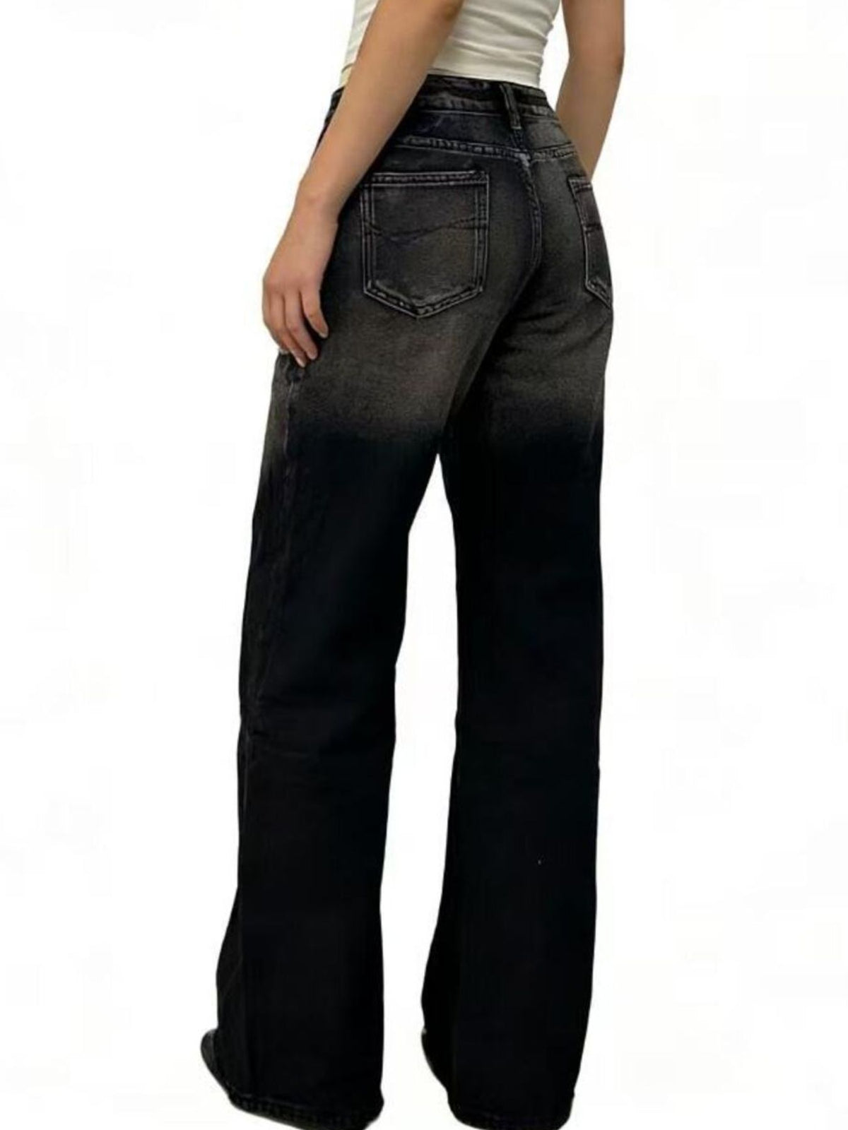Blue washed wide leg jeans full length view