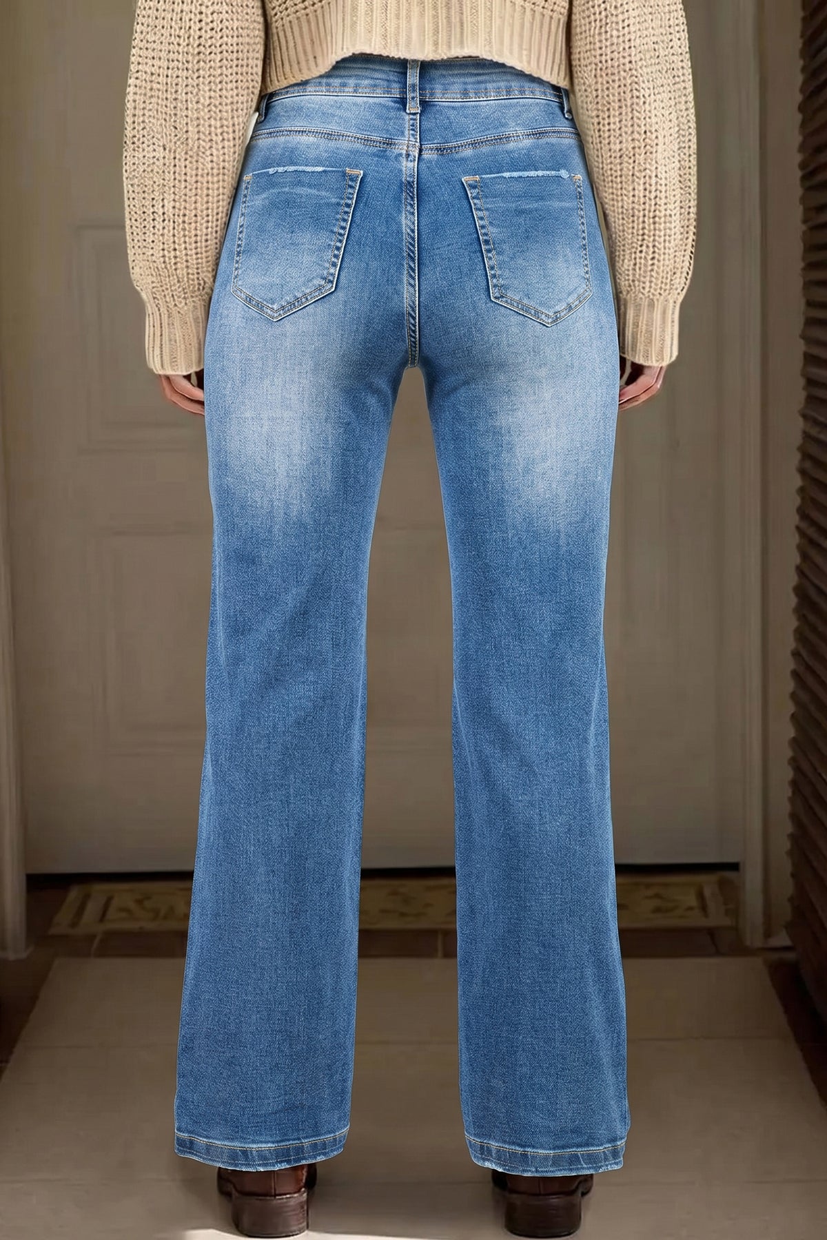 Straight leg jeans stitching detail view
